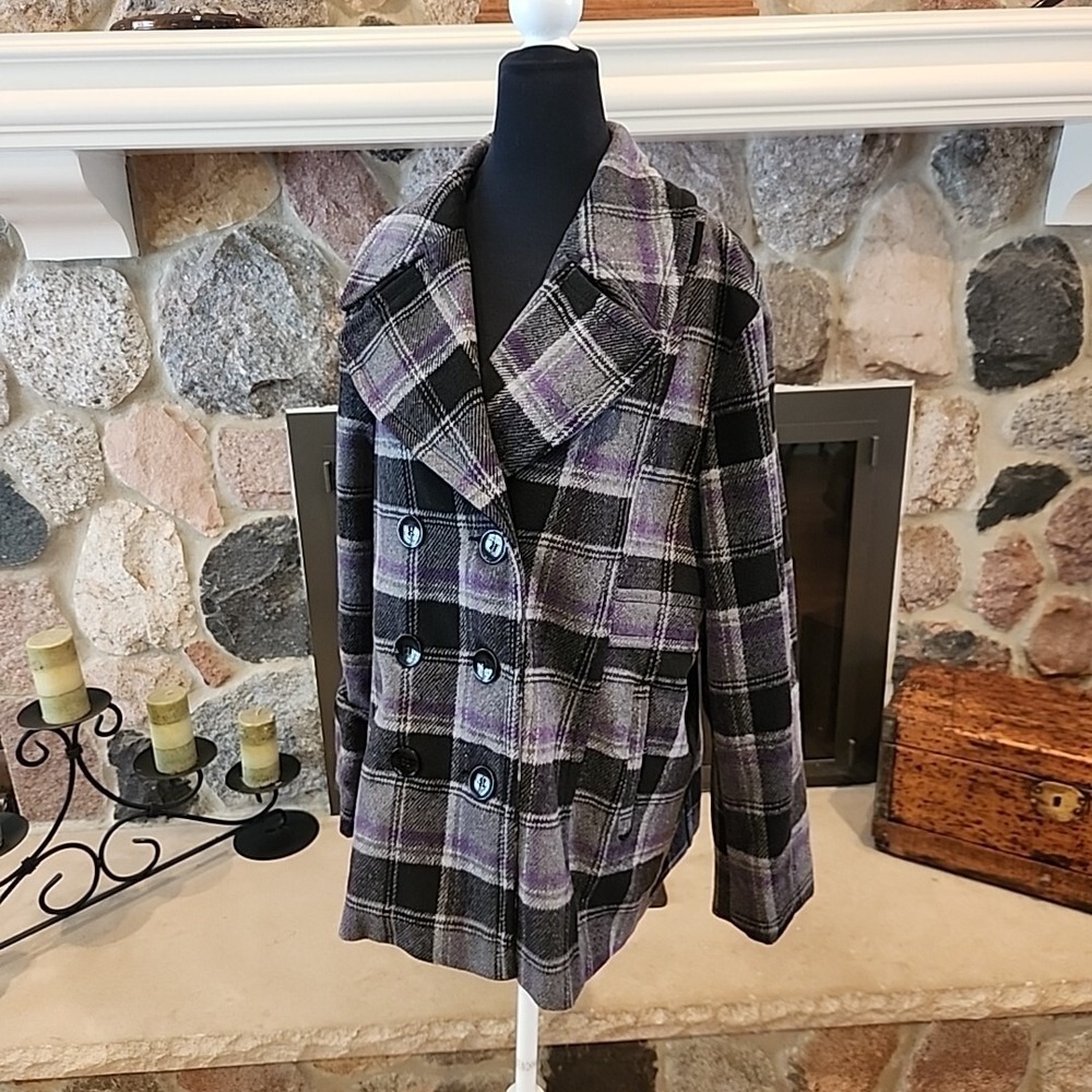 North‎ Crest Women's Pea Coat Wool Blend Doubles Breasted Plaid Size XL